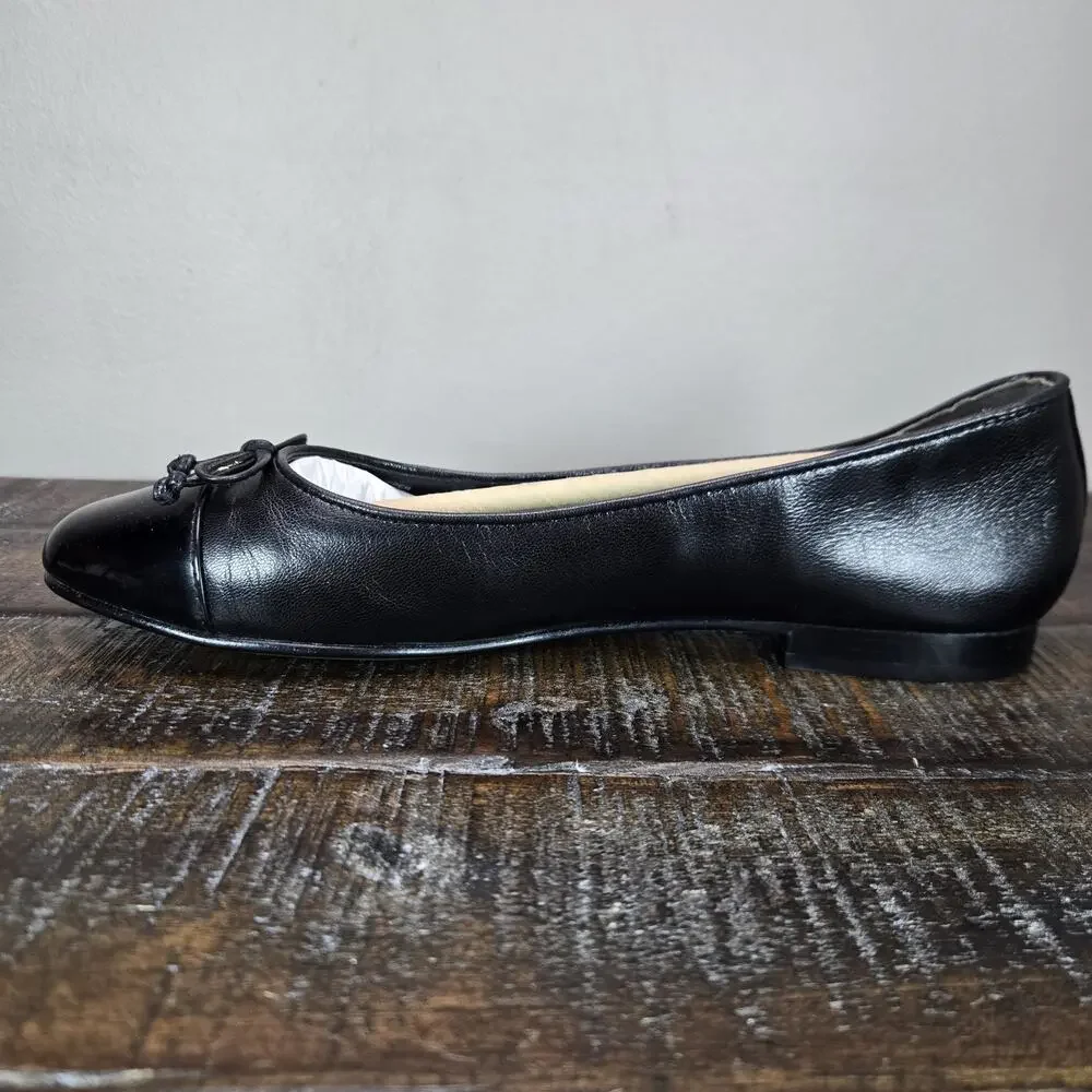 NEW Tory Burch Cap Toe Ballet Womens Size 7.5 Logo Flats Shoe Goat Leather Black